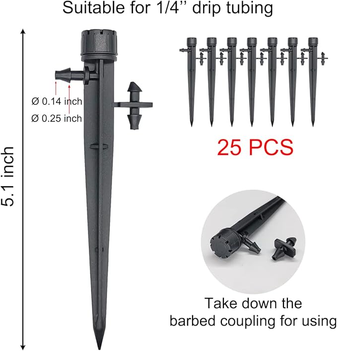 25 Pcs Drip Irrigation Emitters, Adjustable Flow 0-18 GPH Irrigation Drippers with Stake, 360 Degree Flow Sprinkler Head, Micro Sprinkler for Garden Patio Lawn Flower Bed