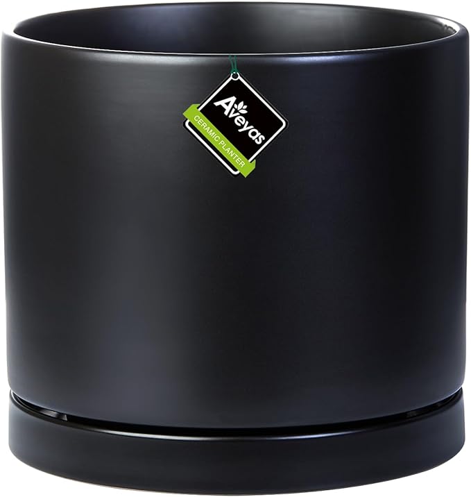 Aveyas 8 inch Ceramic Plant Pot with Drainage Hole and Saucer - Suitable for Indoor and Outdoor Use, Modern Planters for House Garden Flower Tree Snake Monstera Plants (8", Matte Black)