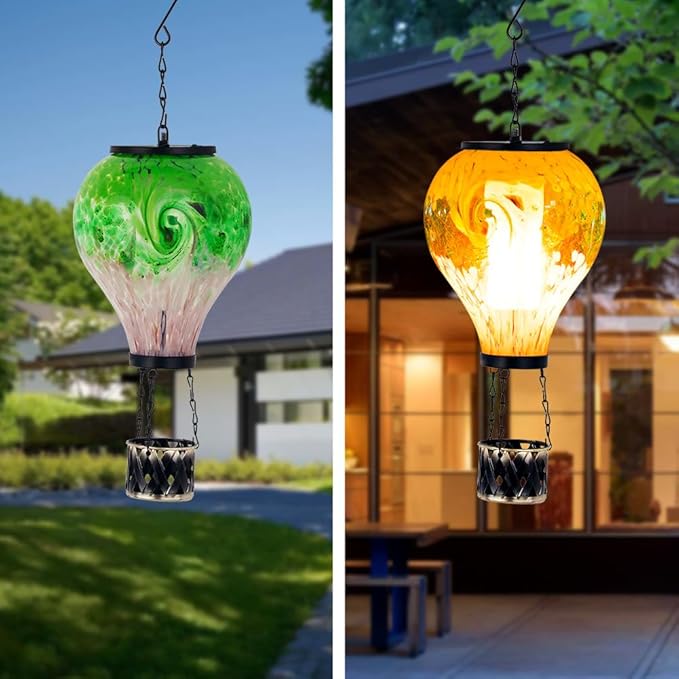 Solar Hot Air Balloon Lanterns with Flame Flickering Hanging Solar Lanterns Outdoor Waterproof LED Glass Garden Decorative Lights for Patio Yard Porch Tree,Mother Day Gift for Women(Green)