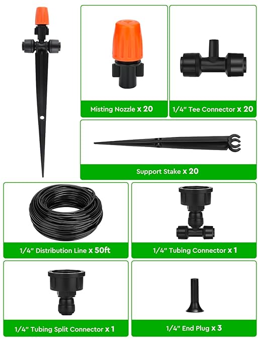 50ft Micro Drip Irrigation Kit, Micro Drip Irrigation System Kit with Adjustable Misting Nozzle Sprinkler, Tubing and Connectors, Watering for Garden, Flower Beds, and Potted Plants