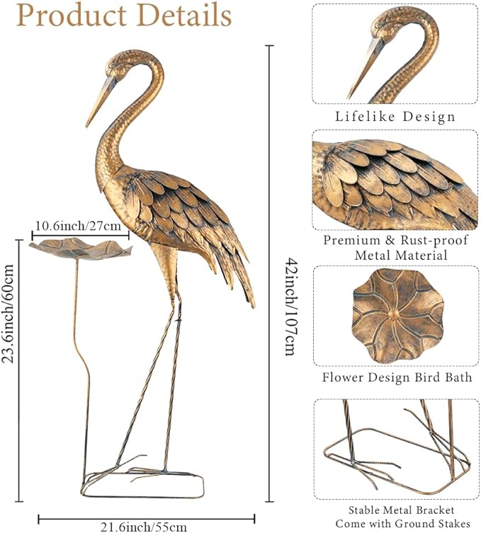 Large Heron Garden Statue, 42'' Crane Outdoor Statue with Birdbath, Crane Metal Yard Art for Porch Backyard Patio Lawn Decor (Golden)