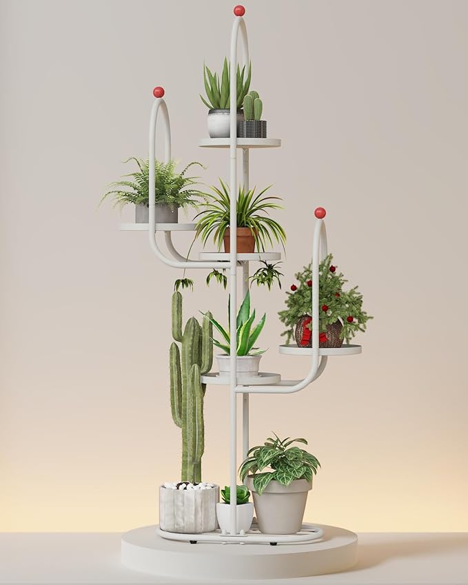 Bamworld Cactus Christmas Tree Home Decor Plant Stand Indoor for Succulents Cactus Shelf Metal Plant Shelf Outdoor Corner Tall Flower Pot for Patio Garden Balcony Living Room Decor White