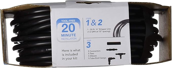 Raindrip R280DT Drip-A-Long™ 1/4 in. Dripline Kit includes 50 feet of 1/4-Inch Dripline preassembled with 1/2 GPH drippers, 5 Barbed Tees, 5 Barbed Elbows, 5 Barbed Couplings, 5 End Plugs