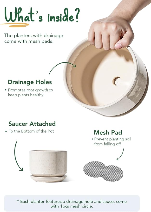 LE TAUCI Ceramic Plant Pots, 4.3+5.3+6.8 inch, Set of 3, Planters with Drainage Hole and Saucer, Indoor Flower Pot with Hole Mesh Pad, Gifts for Mom, Reactive Glaze Beige