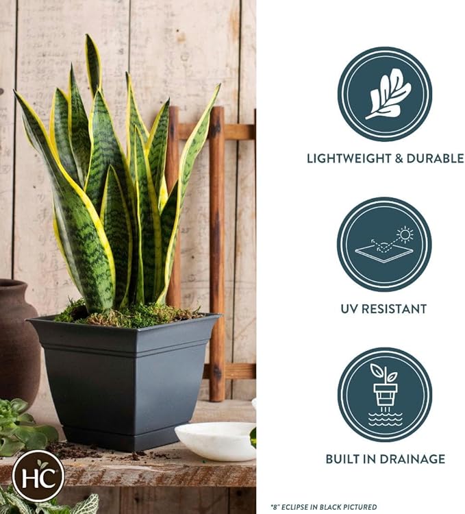 The HC Companies 12 Inch Eclipse Square Planter with Saucer - Indoor Outdoor Plant Pot for Flowers, Vegetables, and Herbs, Warm Gray