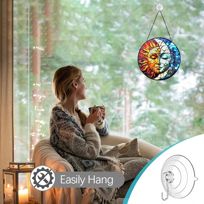 Sun and Moon Decor Stained Glass Window Hanging Suncatchers - Sun Catchers Indoor Window Christmas Decorations - Stained Glass Suncatcher with Hooks and Chain - Celestial Decor Gift for Men Women