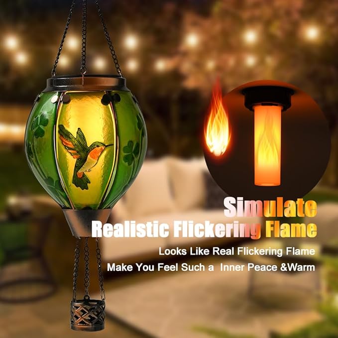 St Patricks Hot Air Balloon Solar Lantern - Simulated Flickering Flame Patrick's Shamrock Glass Lantern, Outdoor Hummingbird Hanging Yard Light for St Patty's Day Patio Porch Decor Clover Gfit