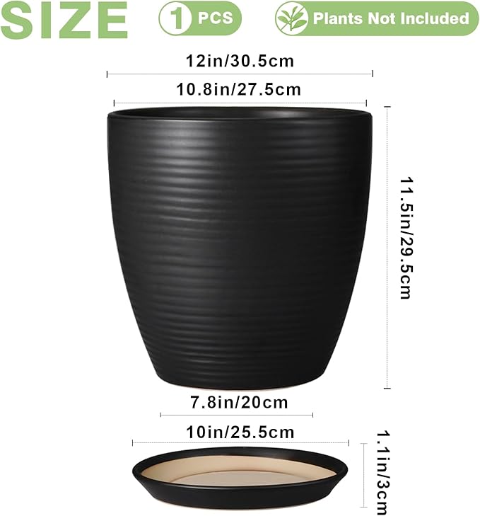 12 Inch Pots for Plants - Ceramic Planter Pot, Large Flower Pot with Drainage Hole and Saucer for Home Patio Garden Office Indoor Outdoor, Black