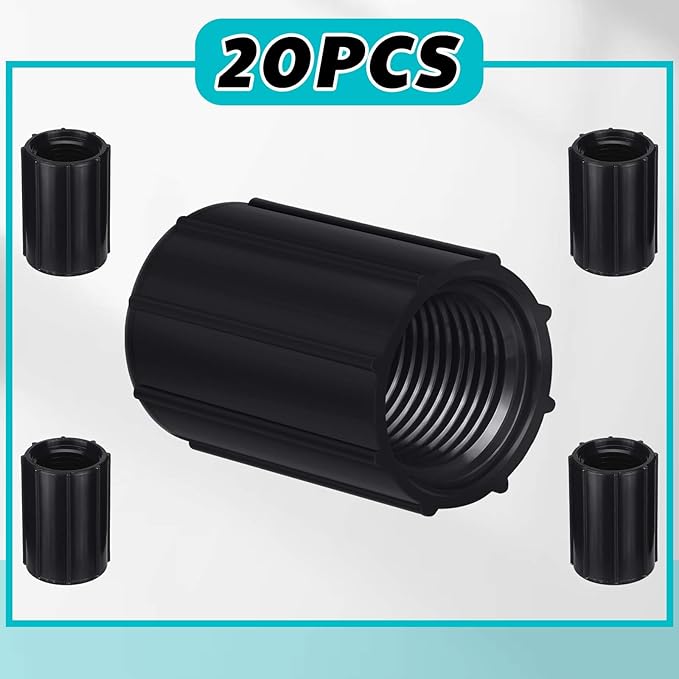 Yahenda 20 Pcs 1/2 Inch PVC Double Female Threaded Coupling Sprinkler Pipe Fitting Female Thread Pipe Fitting Garden Drip Irrigation System PVC Npt Coupler for Irrigation Tube Riser Extension (Black)