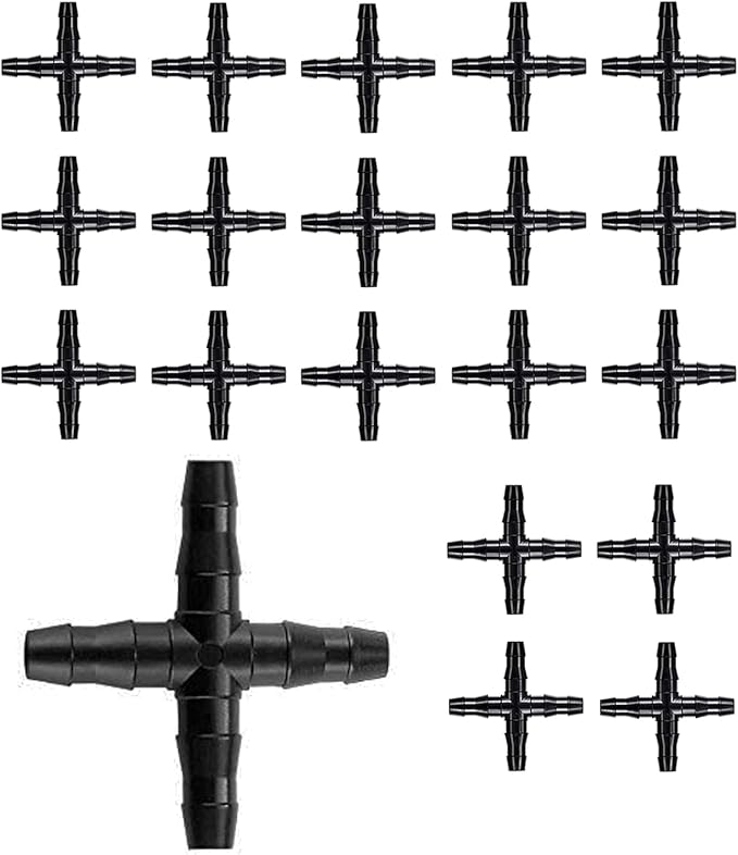 BEADNOVA Drip Irrigation Connectors 20 Pcs 1/4 Inch Barbed Connector 4 Way Couplings Irrigation Connectors for 1/4 Inch Drip Tubing Water Tubing Gardening Irrigation Supplies (20pcs)