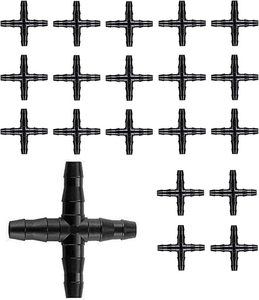 BEADNOVA Drip Irrigation Connectors 20 Pcs 1/4 Inch Barbed Connector 4 Way Couplings Irrigation Connectors for 1/4 Inch Drip Tubing Water Tubing Gardening Irrigation Supplies (20pcs)