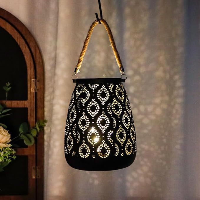 TRIROCKS Moroccan Style Metal Lamp 8''H Battery Operated Cordless Table Lamp Vintage Lantern for Living Room Garden Yard Patio Parties Event Indoors Outdoors (Black with Gold Brush)