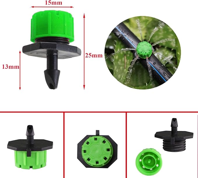Kalolary 200Pcs Green 1/4Inch Adjustable Micro Drip Irrigation System Watering Sprinklers Anti-Clogging Emitter Dripper Green Garden Supplies