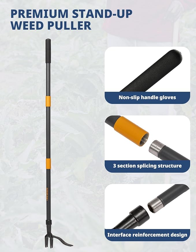 DEERFAMY Stand Up Weed Puller Tool with Long Handle, Garden Weeder Tool with 4-Claw Steel Head Design, Manual Weeder with 3-Metal Structure, Effortless Weeding Without Bending, for Dandelions, Orange