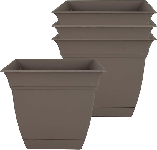 The HC Companies 8 Inch Eclipse Square Planter with Saucer – Indoor Outdoor Plant Pot for Flowers Vegetables Herbs, Cappuccino (Pack of 4)