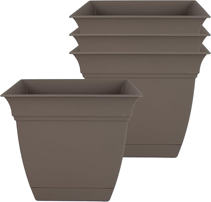 The HC Companies 6 Inch Eclipse Square Planter with Saucer – Indoor Outdoor Plant Pot for Flowers Vegetables Herbs, Cappuccino (Pack of 4)
