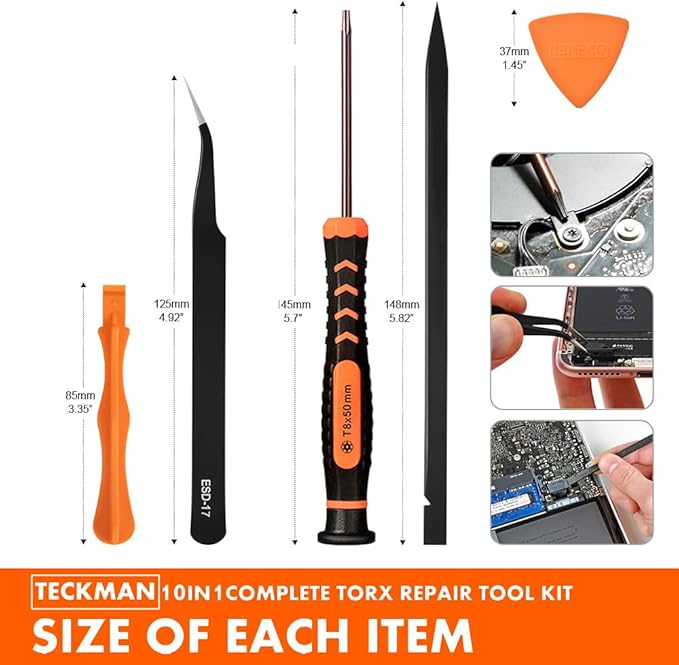 TECKMAN 10 in 1 Torx Screwdriver Set with T3 T4 T5 T6 T8 T10 Security Torx Bit & ESD Tweezers,Magnetic Screwdrivers Precision Repair Kit for Xbox,PS4,Macbook,Computer,Doorbell & Folding knife
