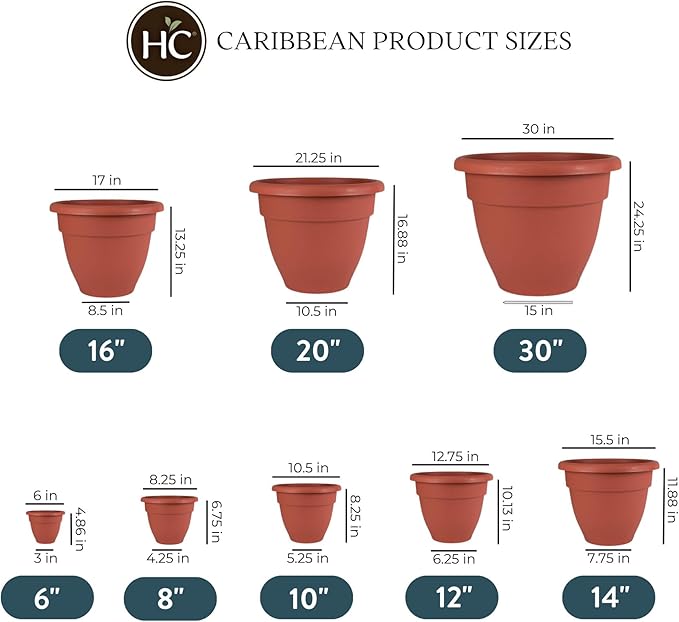 The HC Companies Caribbean Planter Pot - Outdoor & Indoor Plant Pot with Drainage Hole & Plug - Rolled Rim Plastic Pots for Plants & Flowers - Decorative Plant Pot (16" Clay, Pack of 2)
