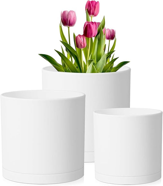 12/10/8 inch Large Plant Pots, 3 Pack Deep Cylinder Flower Pots for Outdoor Indoor Plants, Tall Plastic Planters with Drainage Holes and Saucers for Garden House Plants, White