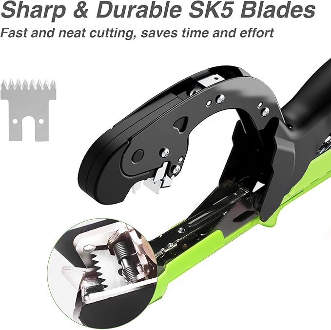 Upgraded Plant Tying Machine Tie Up Vine Tomatoes and Grapes Quickly Plant Tying Tape Tool for Gardeners Farmers Plant Tie Tapener Gun with SK5 Blade Replacement Green Tapes and Staples