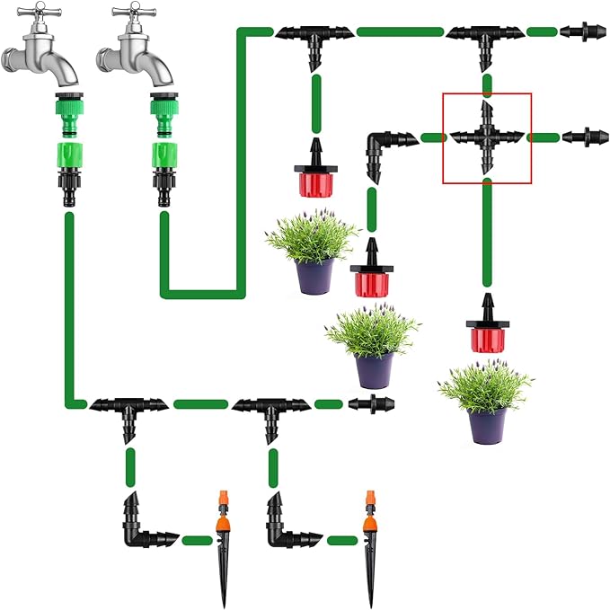Drip Irrigation Fittings Barbed Cross Tee for 1/4" Irrigation Tubing, 40 Pieces Barbed 4 Way Connectors, Drip Line 4 Way Couplings for Drip Sprinkler Garden Lawn Systems