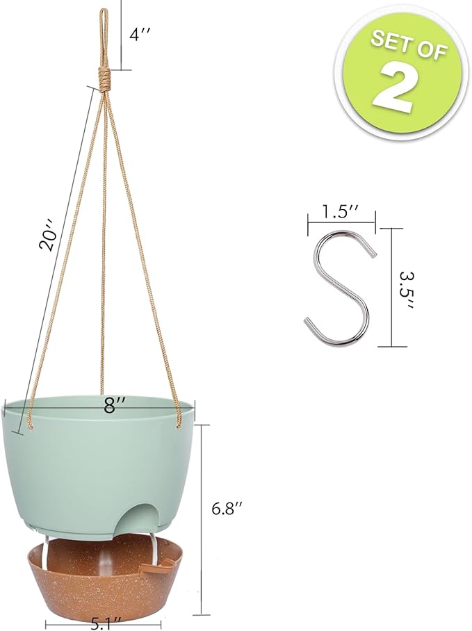 8 inch Hanging Planters, 2 Pack Self Watering Hanging Pots with 20oZ Deep Reservoir for Indoor Outdoor Plants Flowers, Green with Brown