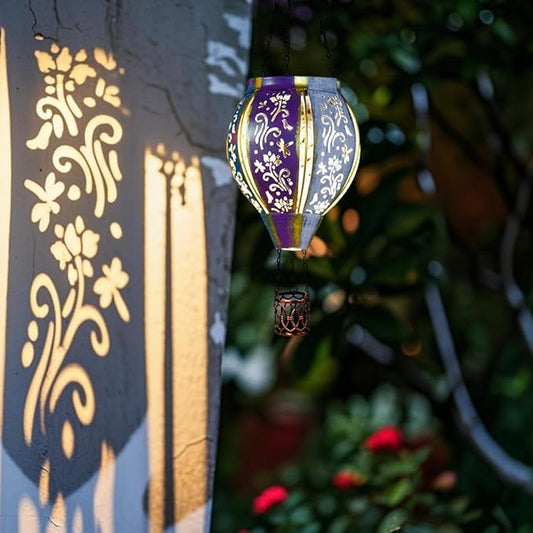 Starsoul Hot Air Balloon Solar Lantern with Flower Projection Metal Outdoor Waterproof Hot Air Balloon Solar Lights Hanging Lantern for Garden Yard Patio Decor