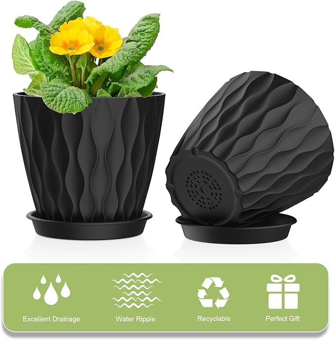6 Pack 4 Inch Small Plant Pots with Saucers, 3D Textured Plastic Planters with Drainage Holes for Indoor and Outdoor Plants, Flowers, Herbs, Succulents, and Seedlings,Blue