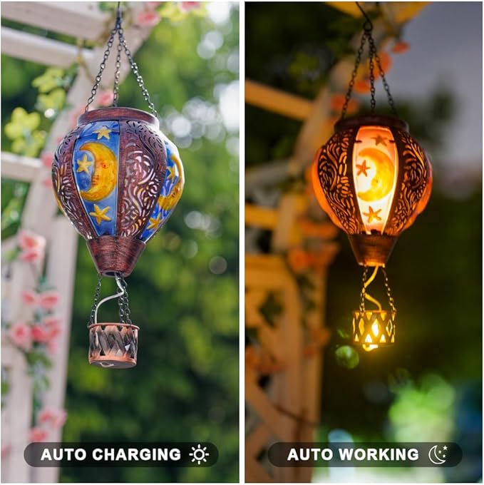 Solar Hot Air Balloon Lantern with Flame Flickering LED Metal Star Moon Hot Air Balloon Solar Lantern Outdoor Waterproof Hanging Outdoor Light for Garden,Yard,Porch Mother Day Gift for Women