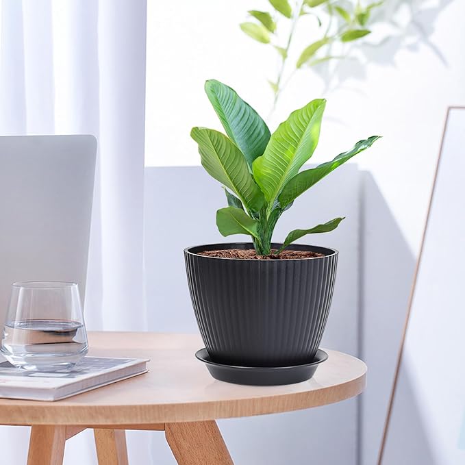 7/6.2/5.5/5/4.5/4 inch Flower Pots, 6 Pack Plant Pots for Small Indoor Outdoor Plants, Plastic Planters with Drainage Holes and Saucers for Garden Succulent House Plants, Black