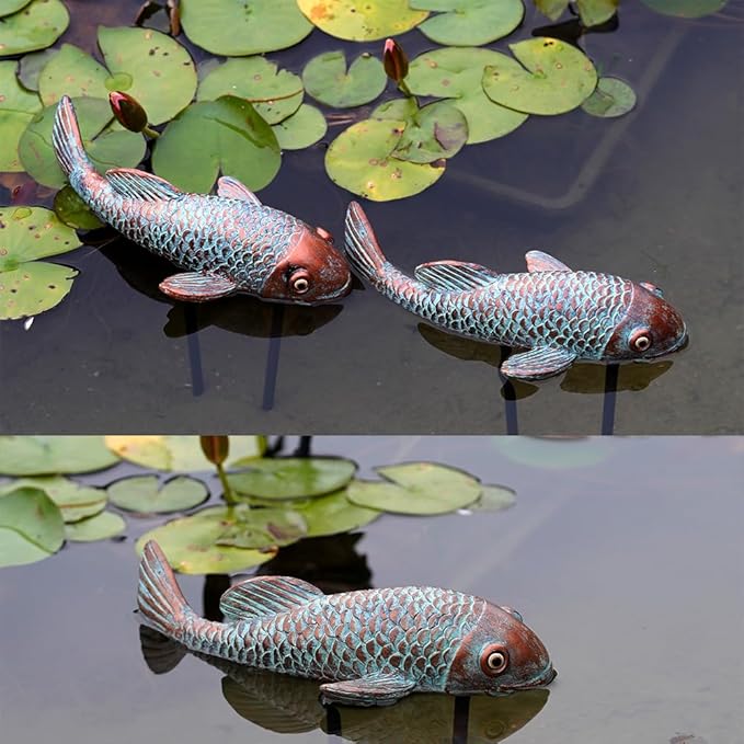 Garden Statues, Koi Fish Decor, Set of 2 Antique Koi Fish Garden Statue,Fish Sculpture Garden for Outdoors, Patio Decor, Backyard and Home Kitchen Decoration
