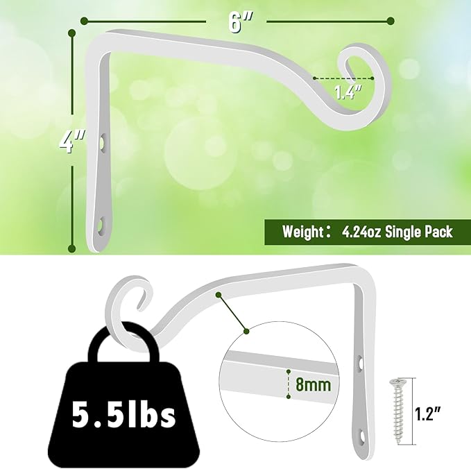 FEED GARDEN Hand-Forged Hanging Plant Bracket Iron Wall Hook for Hanging Bird Feeders, Wind Chimes, Flower Baskets, Lanterns, Yoga Mat, Indoor/Outdoor Use (6 Inch 2 Pack, White, with 4 Screws)