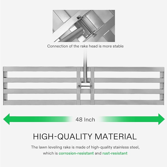VIVOSUN 48" Lawn Leveling Rake, 48" x 10" x 78" Heavy-Duty Stainless Steel Lawn Leveler with 7FT Adjuatble Long Handle for High Effect, Metal Levelawn for Smooth Soil, Rustproof Rakes for Garden Yard