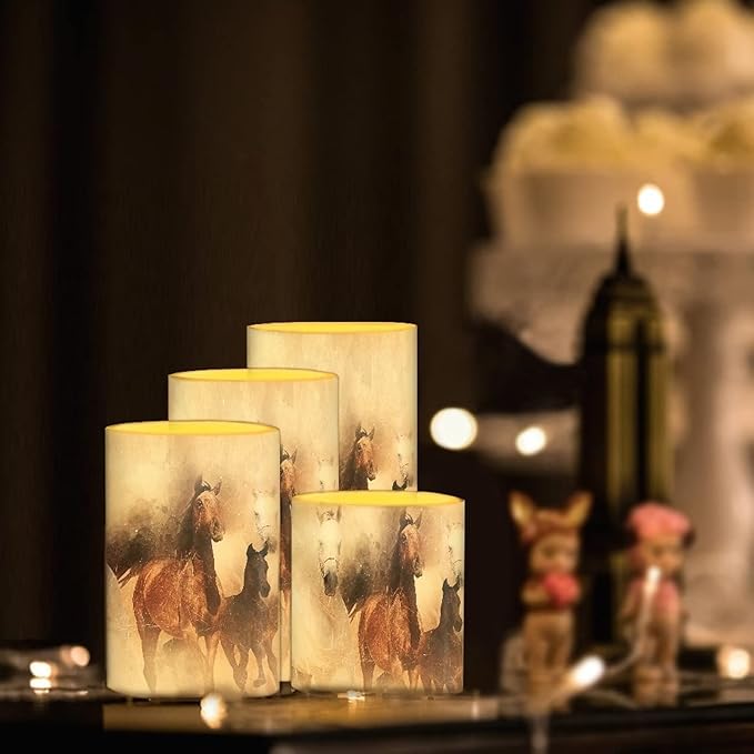 Vintage Running Horse Outdoor Waterproof LED Candles Battery Operated Set of 4 with Timer Remote Colour Changing Pillar Candles for Fall Halloween Decor