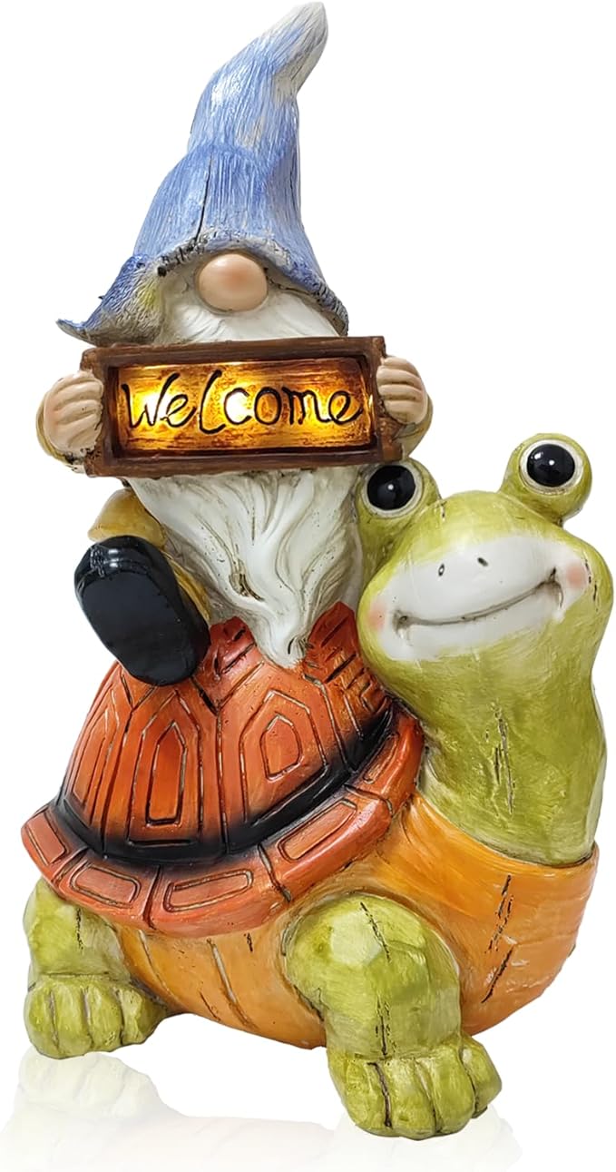 Welcome Solar Gnome Clearance Riding Turtle Statue for Garden Decor - Solar Outdoor Christmas Statue Sculpture Home and Garden Decor for Patio,Yard,Balcony Ornament,Turtle Figurine Light Gifts