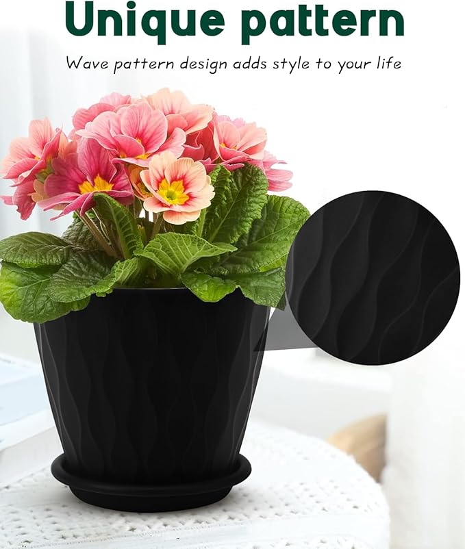 6 Inch Indoor Planter Pots with Drainage Hole and Tray Saucer,Flower Pots for Indoor Outdoor Garden Plants and Flowers, Multicolor, 5 Packs (Black)