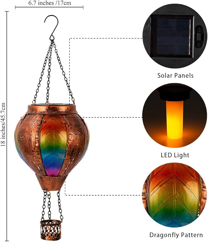 Hanging Hot Air Balloon Solar Lantern Waterproof, Solar Hot Air Balloon Lights with Flame Outdoor Garden Yard Patio Decor, Dandelion Colorful Lanterns Gifts for Mom
