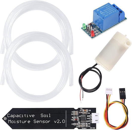Automatic Irrigation DIY Kit Self Watering System Capacitive Soil Moisture Sensor 1 Channel 5V Relay Module and Water Pump with 2pcs 1M Vinyl Tubing for Arduino Moisture Detection Garden Watering DIY