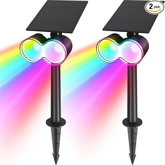 Barrina Solar Spot Lights Outdoor, 360° Horizontal Adjustable, 24 LEDs RGB Color Changing Solar Spotlight, IP65 Waterproof, Auto On/Off Solar Powered Landscape Lights for Outside Garden Yard, 2 Pack