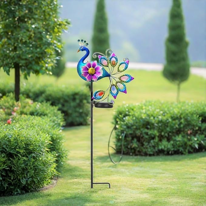 Solar Peacock Statue, Garden Metal Stake Lights Yard Decorations Outdoor,Perfect Peacock Gifts for Women, Ornaments,Mothers Day Ideal Gifts（Solar Peacock Flower ）