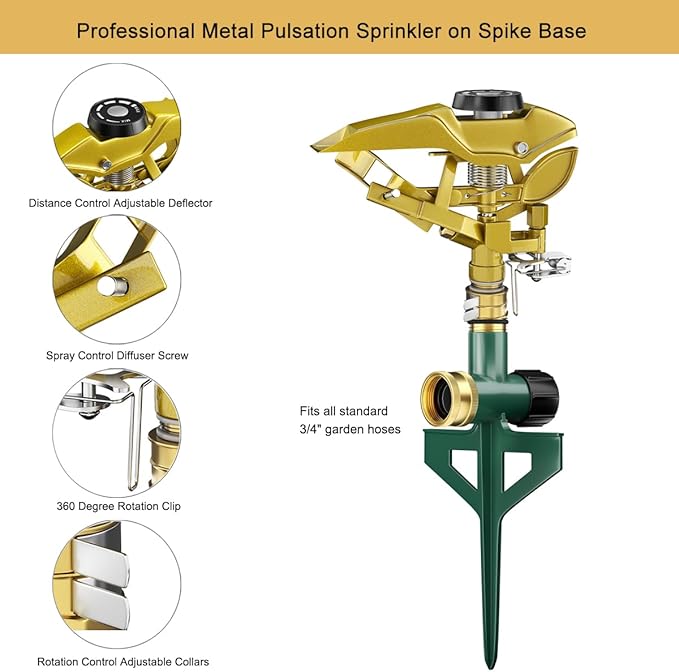 FANHAO Heavy Duty Pulsating Lawn Sprinkler on Spike Base, 100% Metal Impact Sprinkler with Adjustable Spray Pattern for Lawn Yard Irrigation, 360 Degree Large Area Coverage, Covers Up to 8500 sq. ft