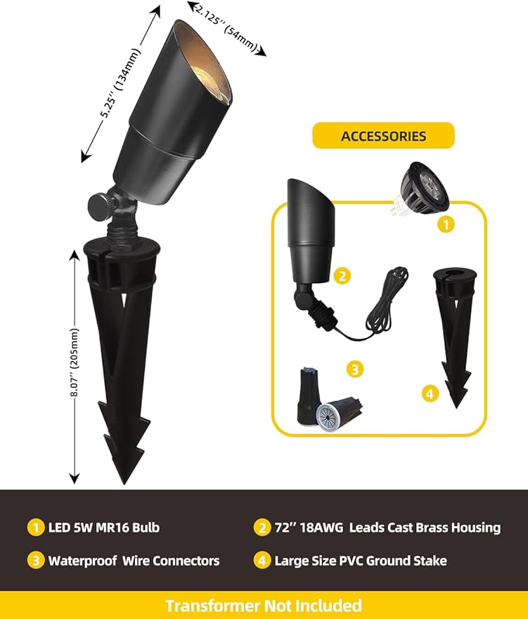 COLOER Die-cast Brass Landscape Spotlight(Black) 10-Pack with 5W Aluminum Housing MR16 LED Bulb 2700K 450LM CRI85+,12V AC/DC Low Voltage Outdoor Uplighting, Garden Patio Spot Up Light(101B-Black)