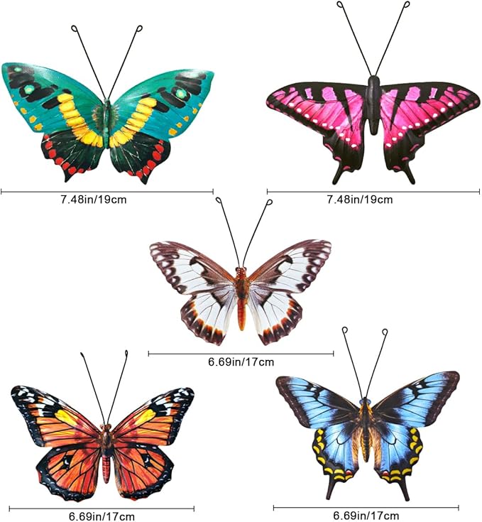 Metal Butterfly Wall Decor - 5 Pack Lifelike Butterflies Wall Art Sculpture Hanging Decorations for Indoor or Outdoor, Yard Patio Fence Garden Decoration
