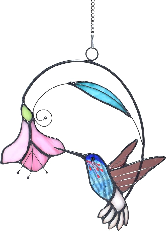Lolitarcrafts Stained Glass Hummingbird Window Hangings with Flowers, Bird Stained Glass Suncatcher for Window Decor Hummingbird Gifts for Mom,Bird Lovers (Blue with Flower B)