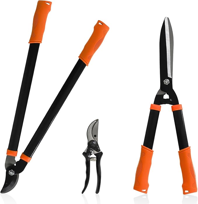 ECOOPTS 3PCS Garden Tool Set with Lopper, Hedge Shears and Bypass Pruner, Heavy Duty Tree & Shrub Care Kit, Tree Trimmer Gardening Tools for Indoor & Outdoor Gardening