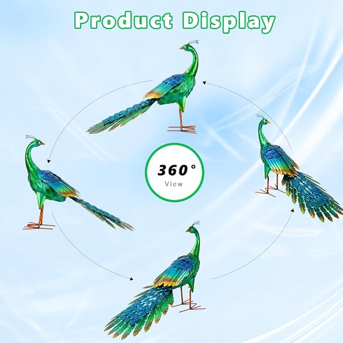 DREAMSOUL Set of 2 Peacock Garden Statues Metal Garden Sculptures & Statues Yard Art Peacock Statue