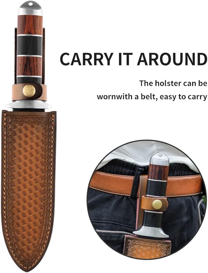 MINAMINO Outdoor Multipurpose Knife Fixed Blade for Camping Gardening Weeding Digging with Thick Leather Sheath and Sharpening Rod