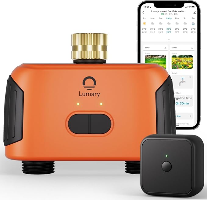 Lumary Smart Sprinkler Timer 2 Zone, WiFi Water Timer for Garden Hose, Brass Inlet Water Hose Timer Outdoor, Manual/Automatic Drip Irrigation Timer, App/Voice Control Work with Alexa, Orange, L-WT2A1