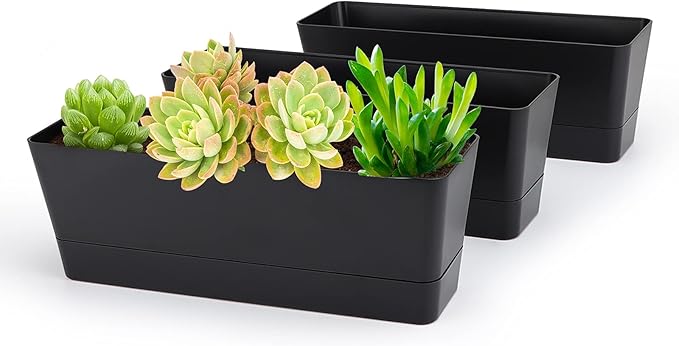 GREANER Black Rectangle Window Boxes, 3 Pack 12x3.8 Inch Herb Planters with Tray, Indoor Succulent Cactus Mint Plastic Pot for Windowsill, Garden Balcony, Office Outdoor Decoration