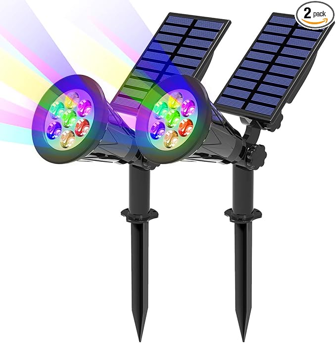 T-SUN Solar Spotlights, Color Changing 7 LED Waterproof Solar Garden Lights, Auto ON/OFF Adjustable Landscape Spot Lights, 2-IN-1 Solar Wall lights for Patio, Yard, Garden, Driveway, Pool Area(2 Pack)